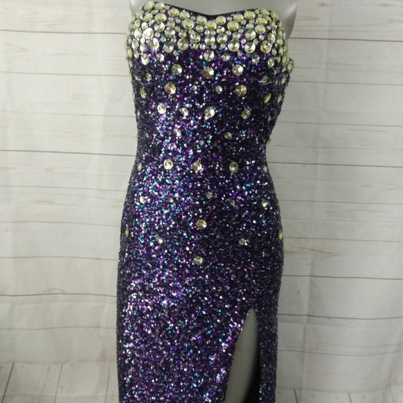 Clarisse | Dresses | Clarisse Purple Sequin Long Slit Side Beaded Dress ...